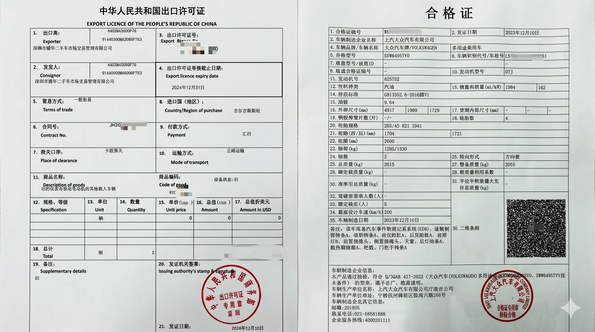 Official Export License & Certificate of Conformity