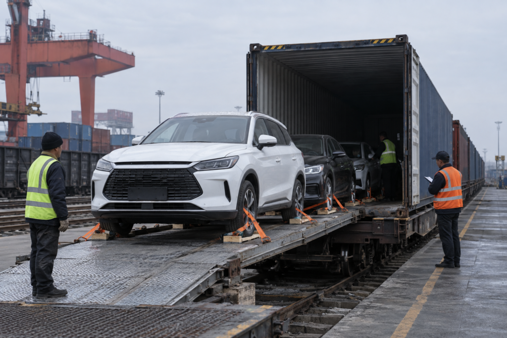 Chinese vehicles secured for container rail shipment from China to Belarus