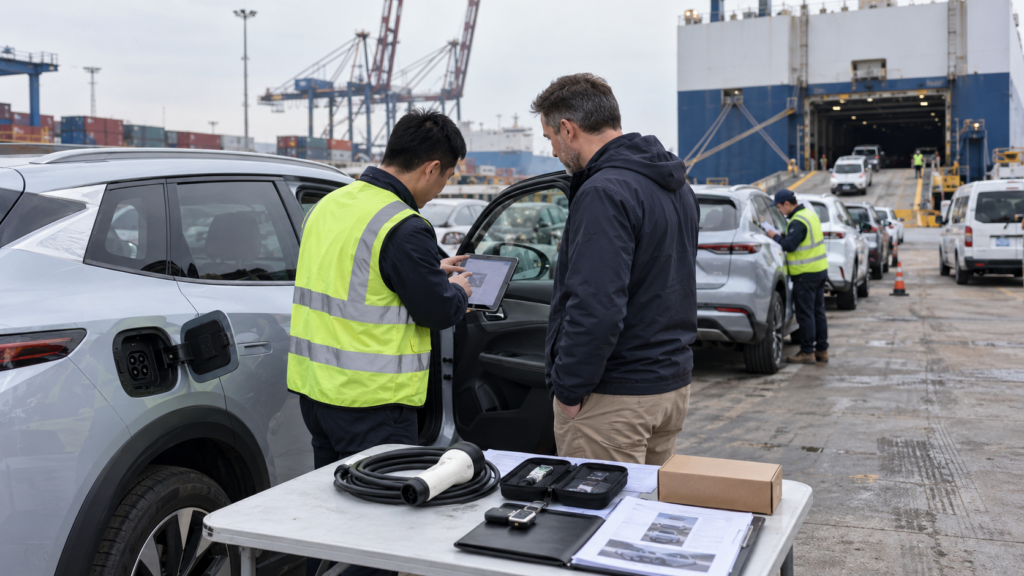 China-side PDI and battery check before shipping electric cars from China