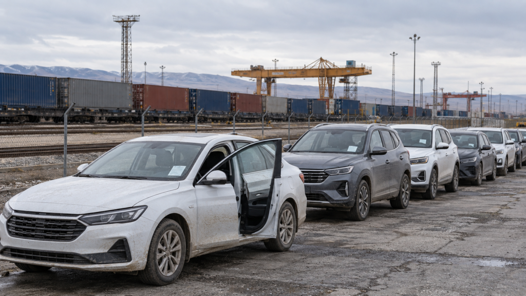 Cars awaiting inspection at a China–Kazakhstan inland rail terminal